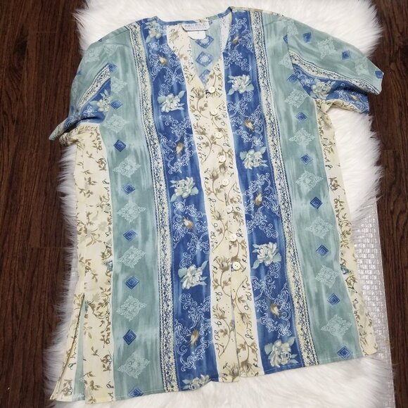 🍉Vintage Bohemian Ashley Taylor Blue Ivory 90s Y2K Floral Tunic Button Front - Picture 3 of 16